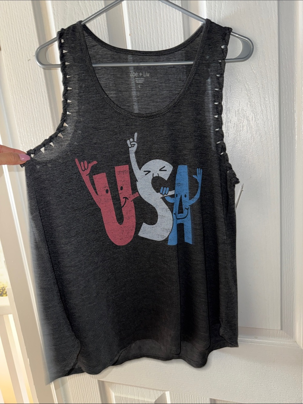 Zoe + Liv Black USA Graphic Cutout Tank